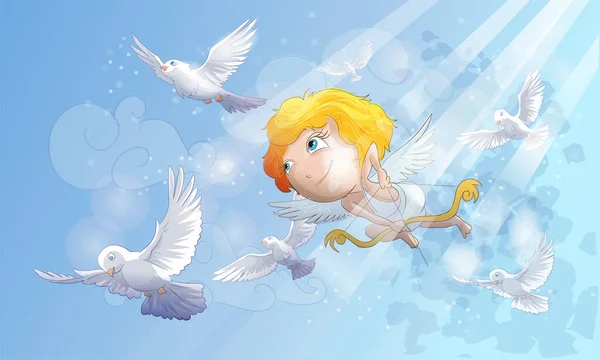 Söt Cupid pojke flyger genom himlen med en flock fåglar. Gul bakgrund och flygande hjärtan. Alla hjärtans dag gratulationskort som används för utskrift design, banner, affisch, flygblad mall — Stock vektor