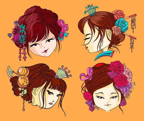 Hermosas chicas japonesas cabezas y caras de emoción conjunto. Joven Geisha japonés fans, viejo tradicional kimono maquillaje maiko cabello estilo tímido vector ilustración aislado — Vector de stock