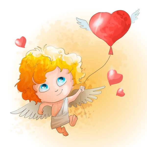 Söt Cupid pojke med gult hår kör med en röd hjärtformad ballong. Gul bakgrund och flygande hjärtan. Alla hjärtans dag gratulationskort som används för utskrift design, banner, affisch, flygblad mall — Stock vektor