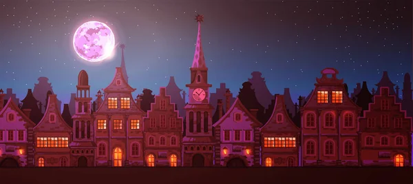 Geleneksel Avrupa eski kasabası. Belediye binası, kilise, güzel evler, şehir sokağı. Gece şehri, ay. Eski binalarla vektör karikatür manzarası