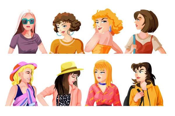 Un conjunto de chicas lindas manos ilustraciones en varias prendas de vestir, cabello y sombreros. Pegatinas o placas vectoriales. Ilustración vectorial colorido en estilo de dibujos animados — Archivo Imágenes Vectoriales