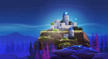 Dikey gece manzaralı bir kart. Güzel yeşil ağaçlar, dağ üzerinde kış kompleksi olan evler. Karla ve masmavi gökyüzüyle parla