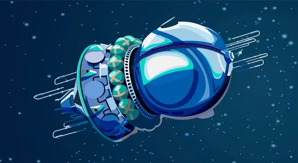 Vektor illustration kort med rymdskepp satellit i rymden. Rymdhistoriska program, mänsklig utforskning av nära rymden. Bild med 3D-modell flygande rymdskepp. Isolerad — Stock vektor