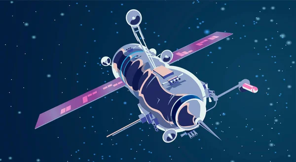 Vektor illustration kort med rymdskepp satellit i rymden med månen. Rymdhistoriska program, mänsklig utforskning av nära rymden. Bild med 3D-modell flygande rymdskepp. Isolerad — Stock vektor