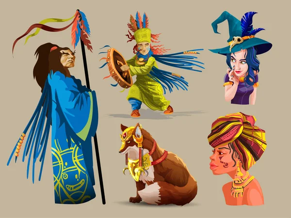Collezione Sciamani, stregoni Streghe indiane clan voodoo Sciamano africano. Balla con un tamburello. Capo con personale — Vettoriale Stock