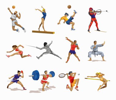Sporcular hazır. Farklı spor aktiviteleri koleksiyonu. Spor yapan profesyonel bir atlet. Basketbol, futbol, karate, tenis, sprint, jimnastik, halterci. Çizgi film tarzında vektör illüstrasyonu