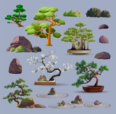 Set of bonsai Japanese trees grown in containers. Beautiful realistic tree, garden stone, plant. Bonsai tree on the box. Decorative little tree vector illustration. Nature art.