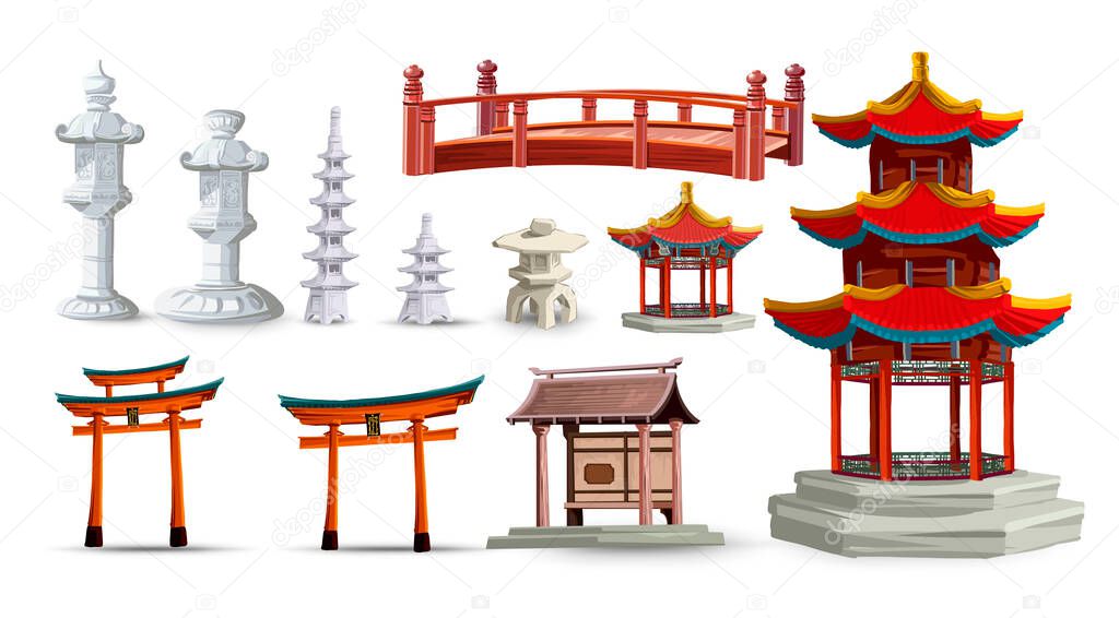 Ancient japan culture objects set with gate, pagoda, temple, garden, japanese lantern isolated vector illustration. Japan vector set collection.