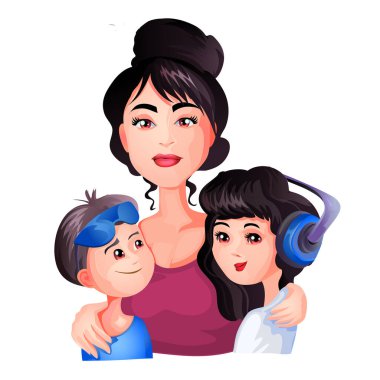 Anne oğlunu ve kızını kucaklıyor. Mutlu duygular. Anneler Günü için çizgi film tarzında vektör illüstrasyonu