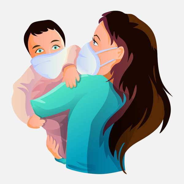 Люди во время эпидемии. Молодая мать с ребенком в бинтах, в химическом костюме.