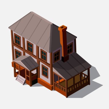 Avrupa tarzı Isometric evler, vektör illüstrasyonu. Ev, binalar ve bilgisayar oyunu tasarımı için beyazdan izole edilmiş. Çizgi film 3D şehir için mimari dış görünüş, oyun grafikleri.
