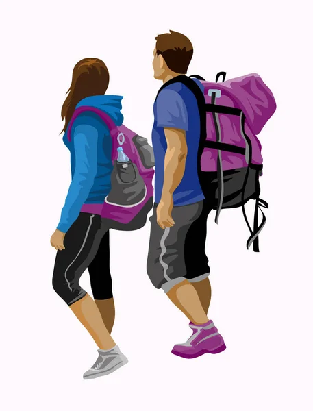 Par Turistas Chico Una Chica Están Caminando Por Las Montañas — Vector de stock