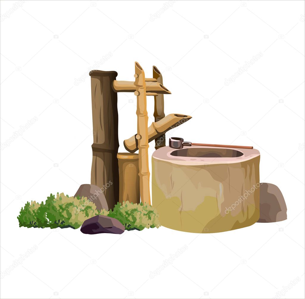 Ancient japan culture objects japanese garden element, watering can, garden well.Japan vector set collection.