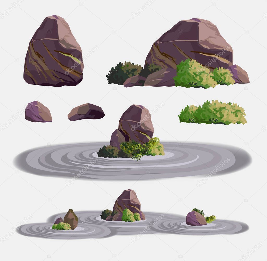 Ancient japan culture objects garden stones set. Collection with Japanese stones garden. vector set collection.
