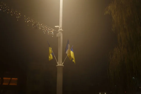 Nieostre Nocne Ujęcie Bożonarodzeniowych Świateł Girlandowych Bokeh Ukraińskim Mieście Ukraińskie — Zdjęcie stockowe