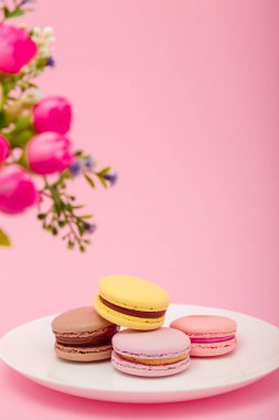 Beyaz tabakta renkli kurabiyeler, pembe arka plan, çiçekler. Anneler günü, kadınlar günü, sevgililer günü, doğum günü, bahar, Paskalya. Uzayı kopyala, dikey
