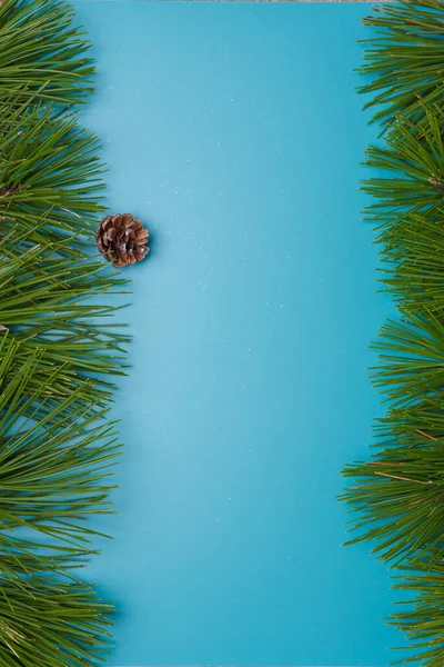 Frohe Weihnachten Glückliches Neues Jahr Postkarte Vorlage Blauer Hintergrund Tannenzweige — Stockfoto