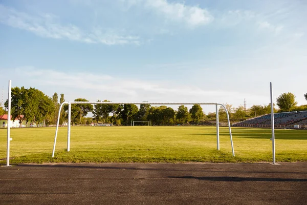 Football Goalpost Gate Green Lawn Players Pandemic Problem Social Distance — Stock Photo, Image