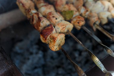 Şenlik ateşinde kızaran şişler üzerinde marine edilmiş domuz eti parçaları. Kebap ya da çok dumanlı geleneksel shashlik yemeği..