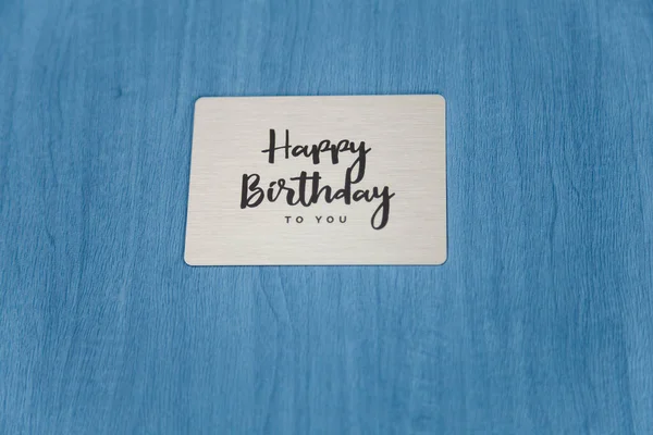 Photobook Photoalbum Blue Leather Cover Metallic Shield Inscription Happy Birthday — Stock Photo, Image