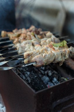 Şenlik ateşinde kızaran şişler üzerinde marine edilmiş domuz eti parçaları. Kebap ya da çok dumanlı geleneksel shashlik yemeği. Dikey çekim
