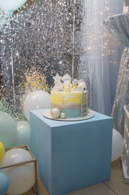 Mavi küpün üzerinde duran 1 yaşındaki çocuk doğum günü pastası. Bulutlar, bebeğin kilosu ve tarihiyle yıldız üstleri, pastanın üstünde oyuncak ayı. Dikey çekim