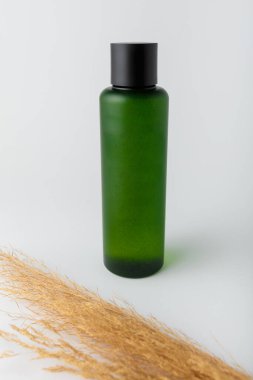 Yeşil Bakım Kozmetik Şablonu, etiket yok, marka yok. Yüz toniği, beyaz arka planda dalı olan tonik. Uzayı kopyala, dikey