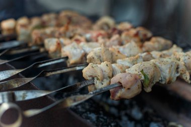 Şenlik ateşinde kızaran şişler üzerinde marine edilmiş domuz eti parçaları. Kebap ya da çok dumanlı geleneksel shashlik yemeği..