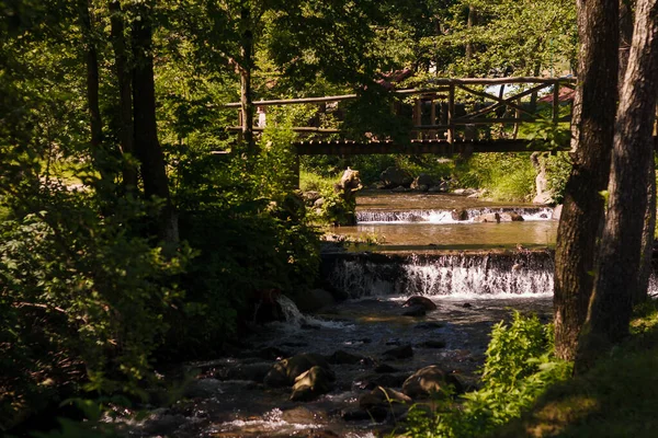 Flodmynning Med Små Vattenfall Och Stenar Bland Grönska Träbridgr Ovan — Stockfoto