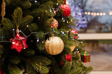 Mutlu Noeller için süslenmiş firavun ağacı dalları kırmızı ve altın süslemeler, çelenkler. Pencerenin arkasında ışıklar yanar, sokak arkaplanı