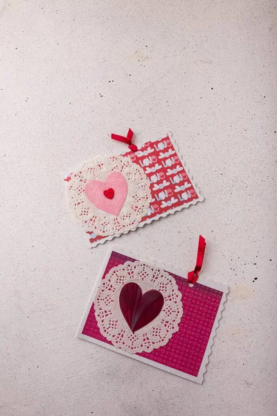 February Valentines Day Two Postcards Pink Hearts White Background — Foto de Stock