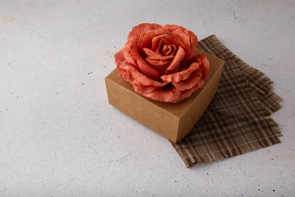 Brown Paper Present Box Fabric Rose Flower White Background Valentines — Stok fotoğraf