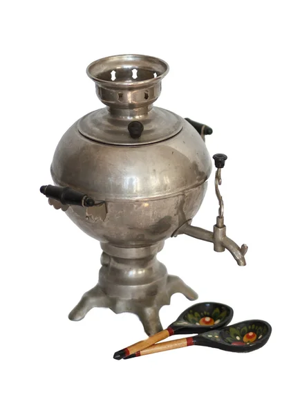 Samovar and two wooden spoons — Stock Photo, Image