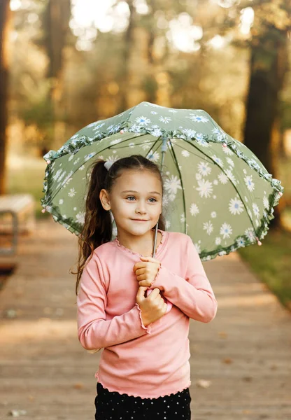 Porträtt Liten Flicka Med Ett Paraply Händerna Bakgrunden Höstparken — Stockfoto