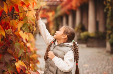 Güzel küçük kız sonbahar parkında dinleniyor.