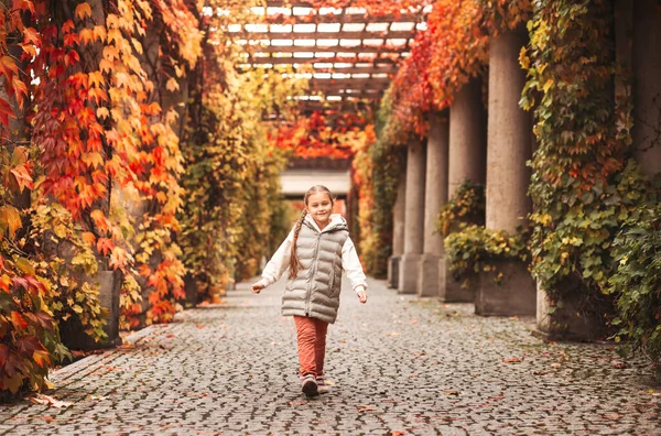 Ένα Μικρό Όμορφο Κορίτσι Τρέχει Μέσα Από Ένα Όμορφο Φθινοπωρινό — Φωτογραφία Αρχείου