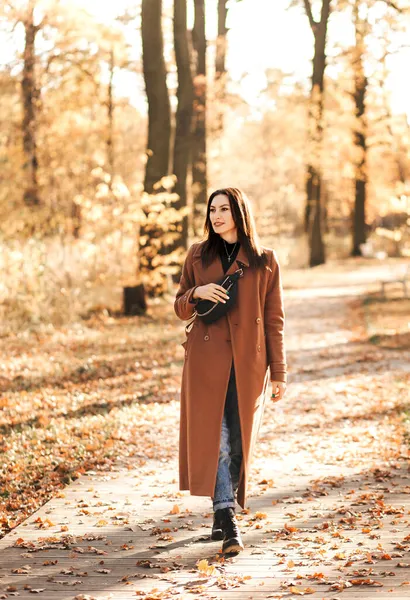 Sonbaharda Paltolu Esmer Bir Kadın Parkta Yürüyor — Stok fotoğraf