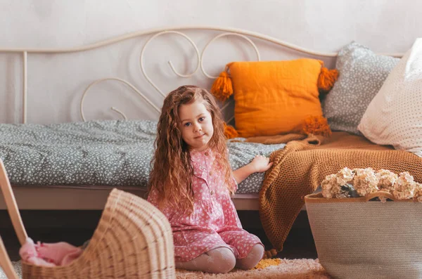 Close Lonely Little Girl Bedroom Toys Stay Home Alone Upset — Stock Photo, Image