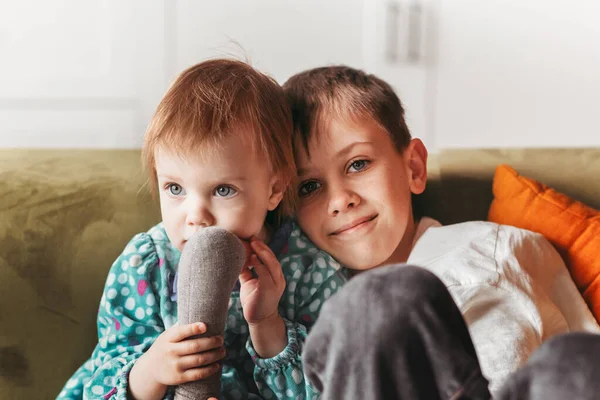 Happy Teenage Boy Sitting Home Bed Little Girl Brother Sister — Stock Photo, Image