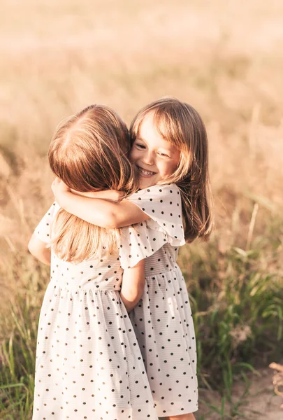 Дві Маленькі Щасливі Ідентичні Дівчата Близнюки Грають Разом Природі Влітку Стокове Фото