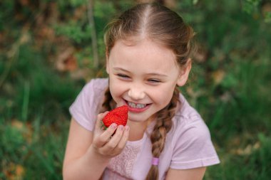 Mutlu küçük kızın portresi yaz günü çilek yiyor. Yumuşak odaklı