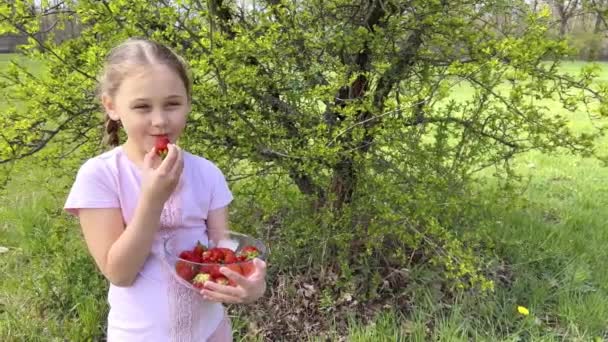 快乐可爱的小女孩的画像是夏天吃草莓 — 图库视频影像