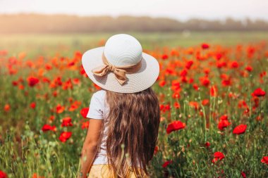 Haşhaş çiçekli yaz tarlasında akşam güneşinin altında yürüyen şapkalı şirin küçük kız. arka plan