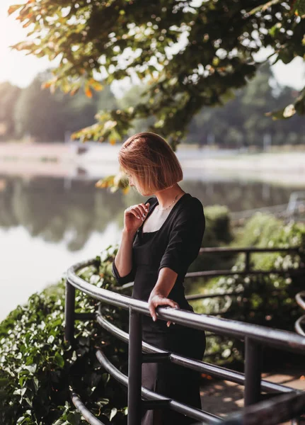 Beautiful Young Woman Wearing Dress Enjoying Sunrise River Old European — Stok fotoğraf