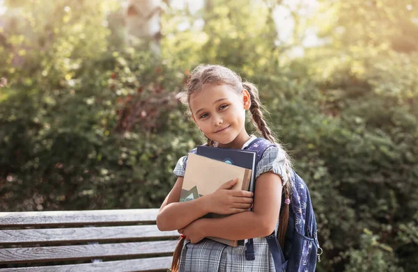 Back to school. A cute little schoolgirl in a dress with pigtails and large blue backpackis holds books and stand  in the school yard . A little girl is going to the first grade.