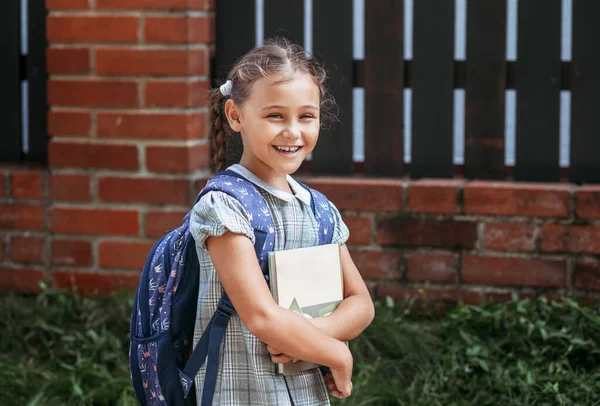 Back to school. A cute little schoolgirl in a dress with pigtails and large blue backpackis holds books and stand  in the school yard . A little girl is going to the first grade.