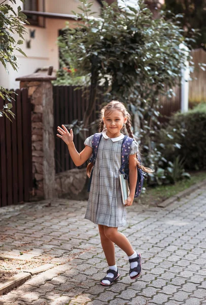 Back to school. A cute little schoolgirl in a dress with pigtails and large blue backpackis holds books and stand  in the school yard . A little girl is going to the first grade.