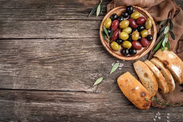 Virgin Olive Oil Olives Fresh Bread Table Top View — Stock Photo, Image