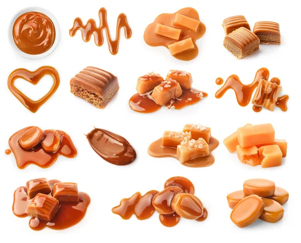 Set of caramel candies and caramel sauce isolated on white background. Top view.