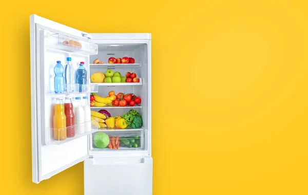 Open Fridge Full Vegetables Fruits Drinks Yellow Wall Background Copy — Stock Photo, Image